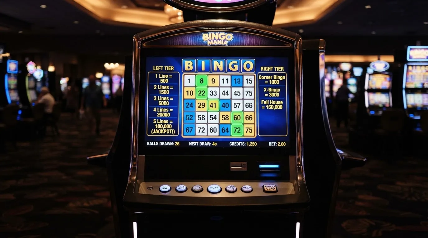 Ekran automatu do gry z kolorową planszą w stylu bingo i podświetlonymi liczbami