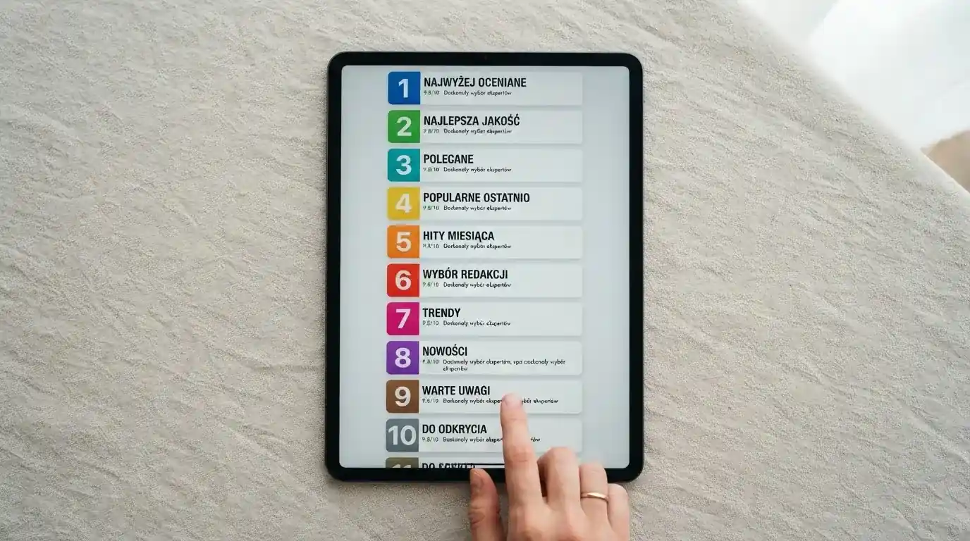 Ranking dziesięciu kart operatorów online ułożonych od najwyżej do najniżej ocenionego na ekranie tabletu.