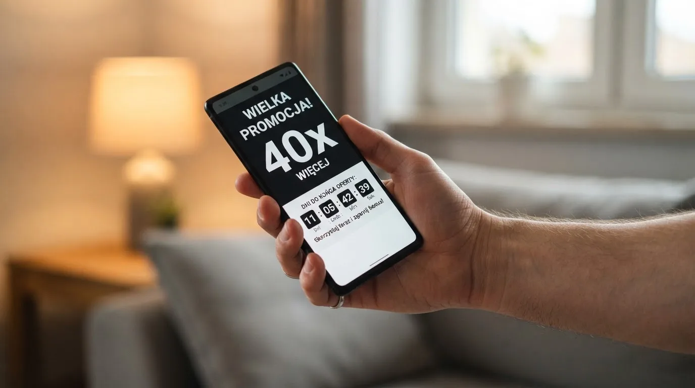 Zbliżenie na telefon z listą warunków promocji i licznikiem odliczającym dni do końca oferty
