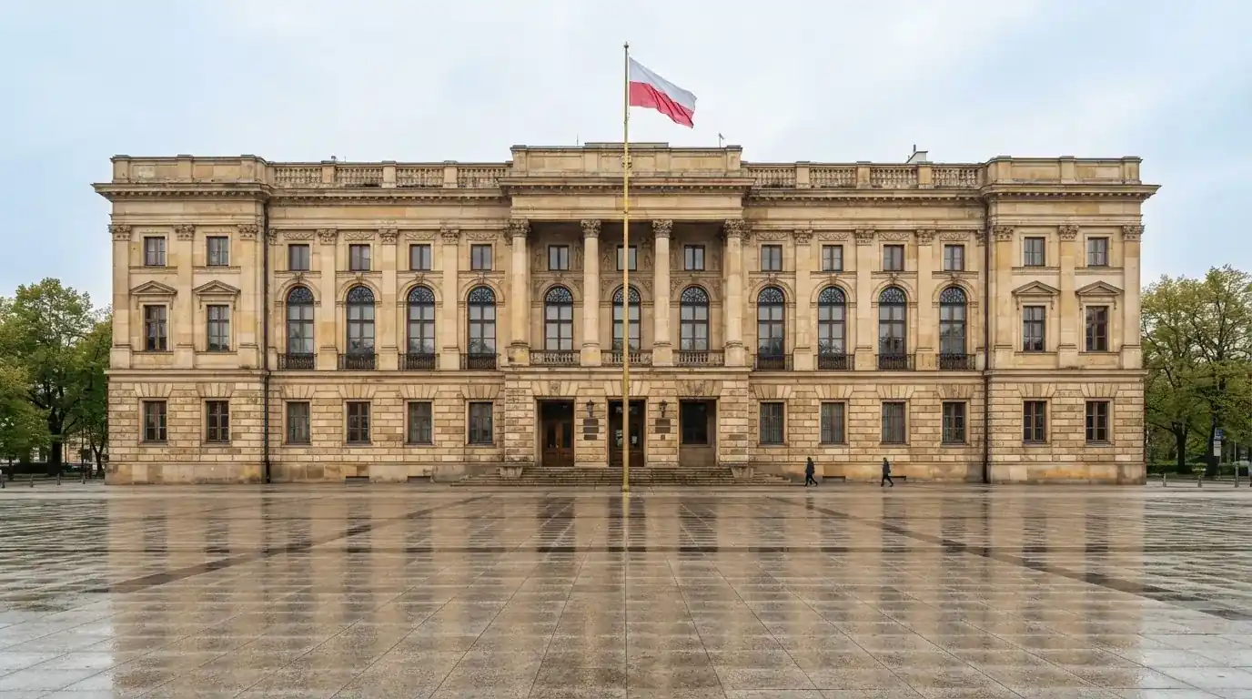 Fasada budynku instytucji państwowej z flagą Polski, symbol nadzoru regulatora nad rynkiem gier hazardowych