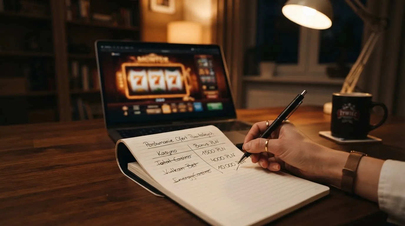Widok z góry na laptop z otwartą tabelą porównawczą ofert powitalnych kilku serwisów kasynowych