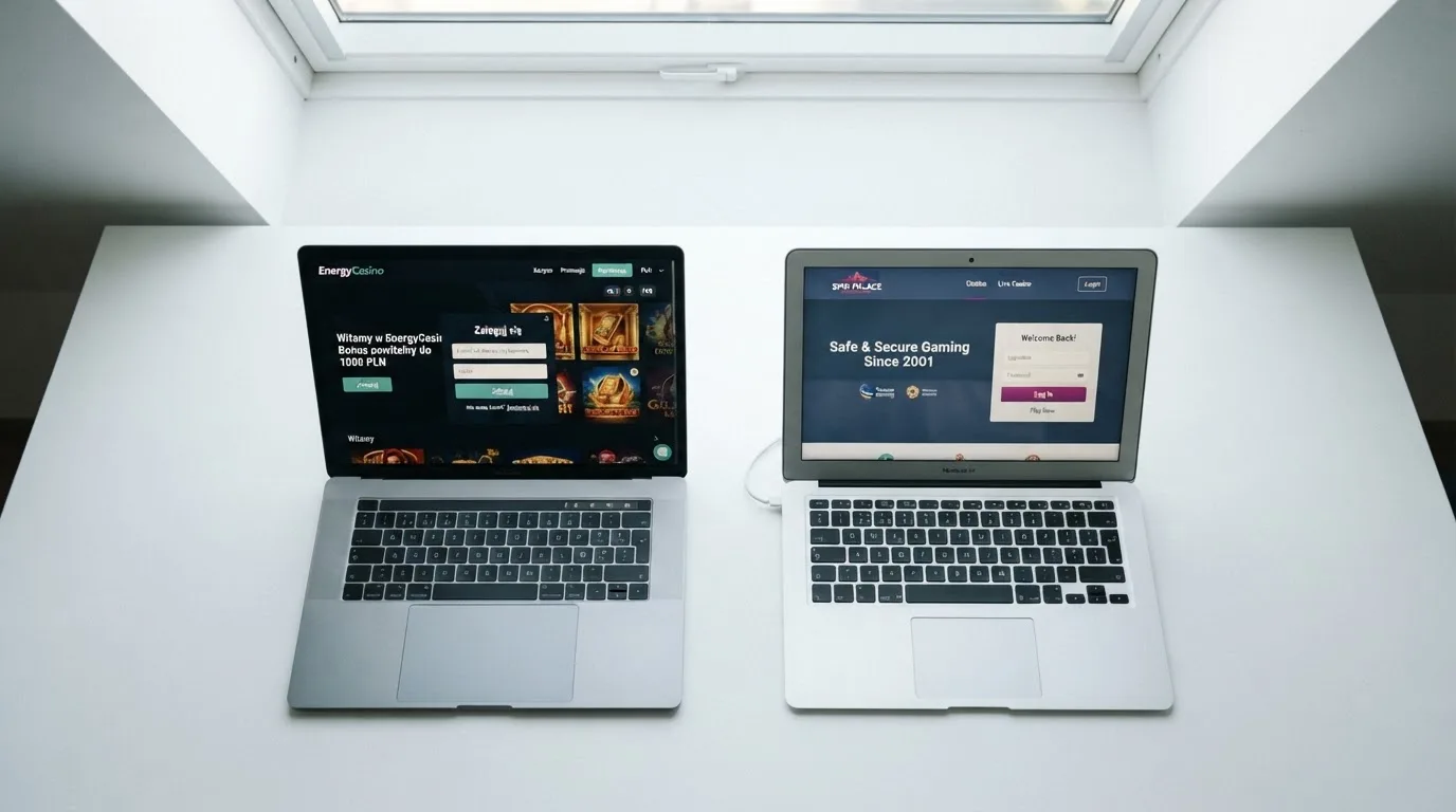Dwa ekrany logowania kasyna online obok siebie na biurku, jeden z polskim interfejsem złotówkowym, symbolizujące porównanie dwóch różnych serwisów
