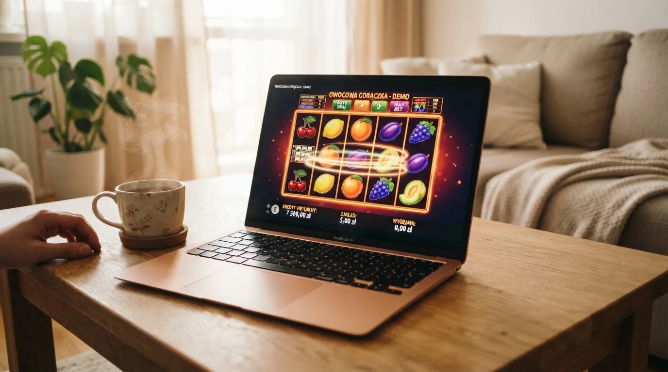 Ekran laptopa z automatem w trybie demo i saldem wirtualnych kredytów, obok kubek herbaty na stole w salonie