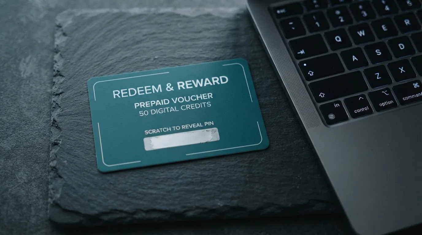 Karta przedpłacona Paysafecard z zasłoniętym polem kodu PIN obok klawiatury laptopa