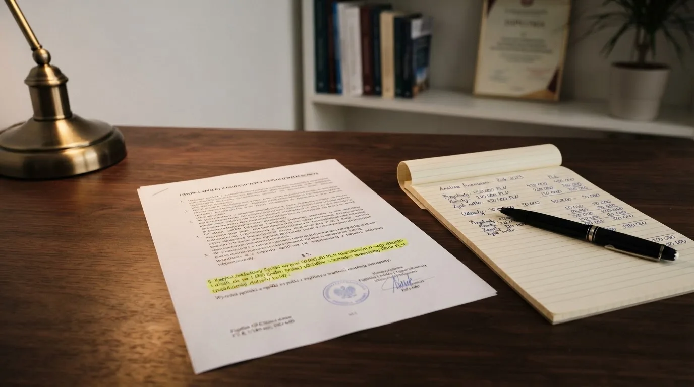 Wydruk kodeksu karnego skarbowego z zakreślonym artykułem obok kalkulatora i długopisu na biurku