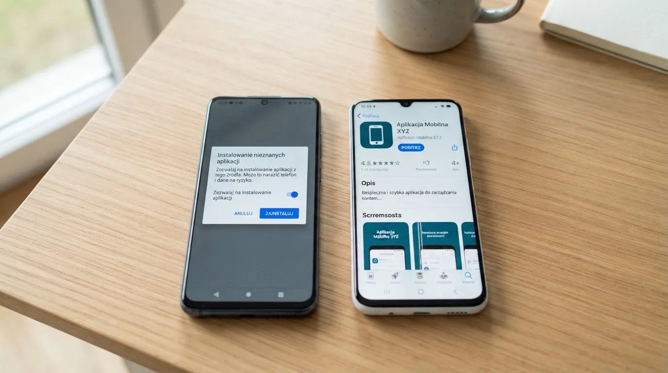 Dwa telefony obok siebie: na jednym komunikat zgody na instalację pliku APK z nieznanego źródła, na drugim strona aplikacji w sklepie z przyciskiem pobierania