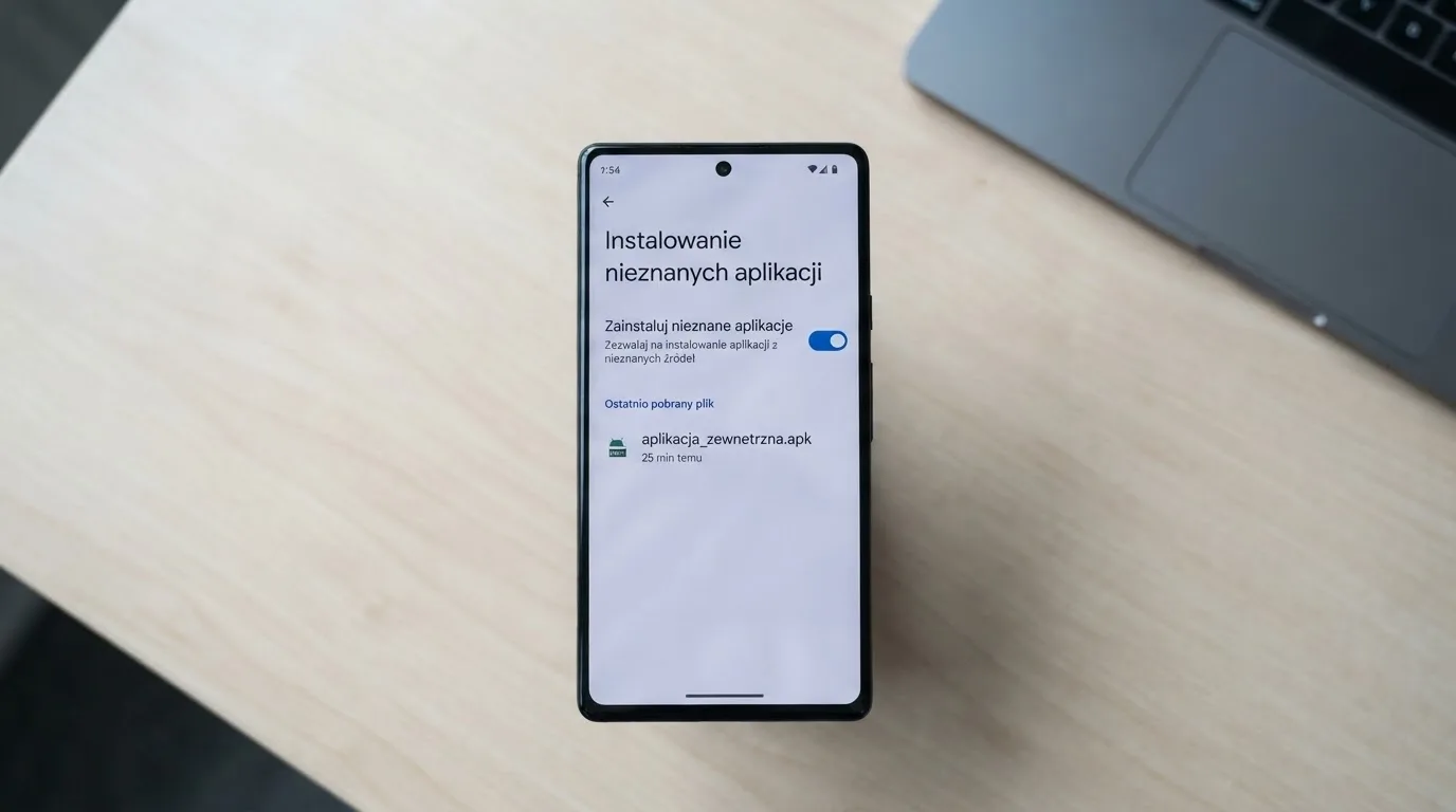 Ekran ustawień Androida z przełącznikiem zgody na instalację aplikacji z nieznanego źródła i pobranym plikiem instalacyjnym na liście