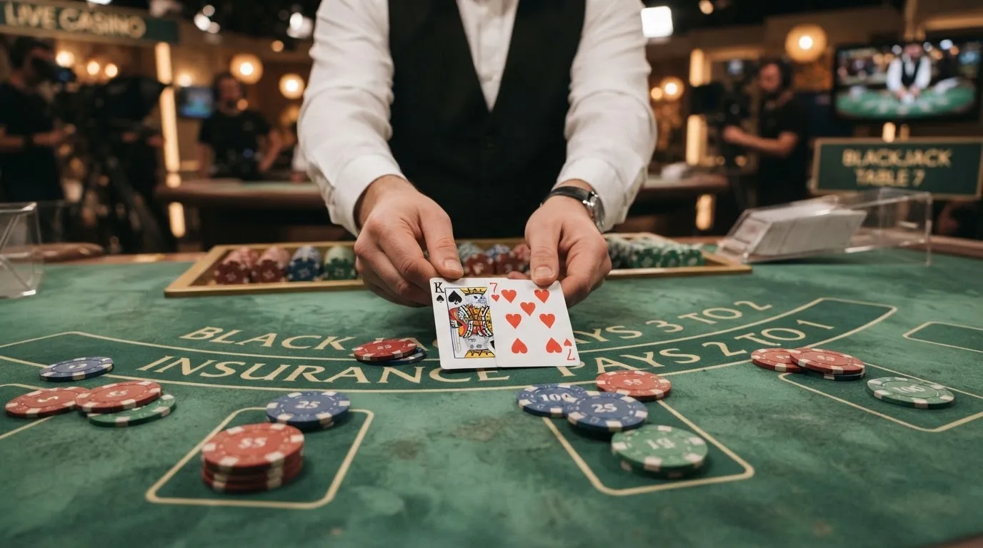 Krupier rozdający karty przy stole blackjacka podczas transmisji na żywo