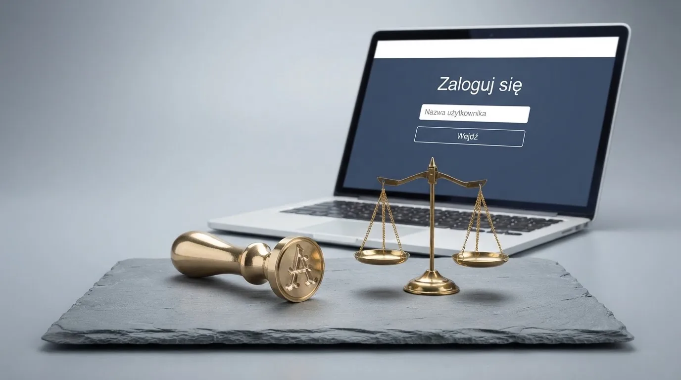 Symboliczna pieczęć urzędowa i waga obok ekranu logowania do serwisu hazardowego