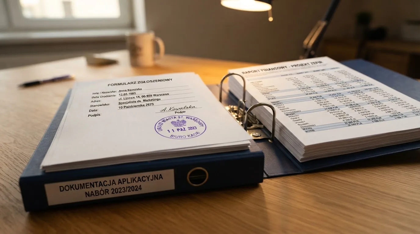 Segregator z wnioskiem o koncesję na kasyno gry, wydrukiem sprawozdania finansowego i urzędową pieczątką leżący na biurku