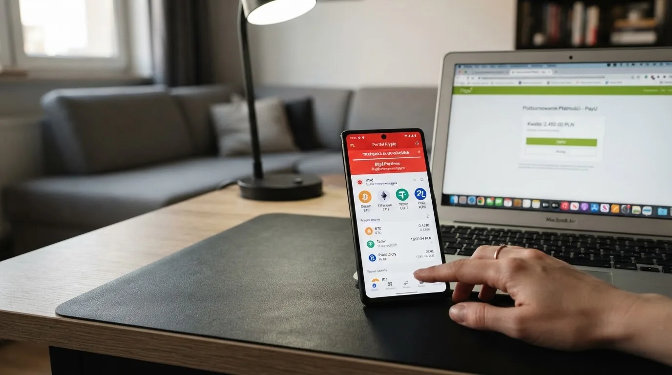 Smartfon z otwartym portfelem kryptowalut i komunikatem o odrzuconej płatności leżący obok laptopa