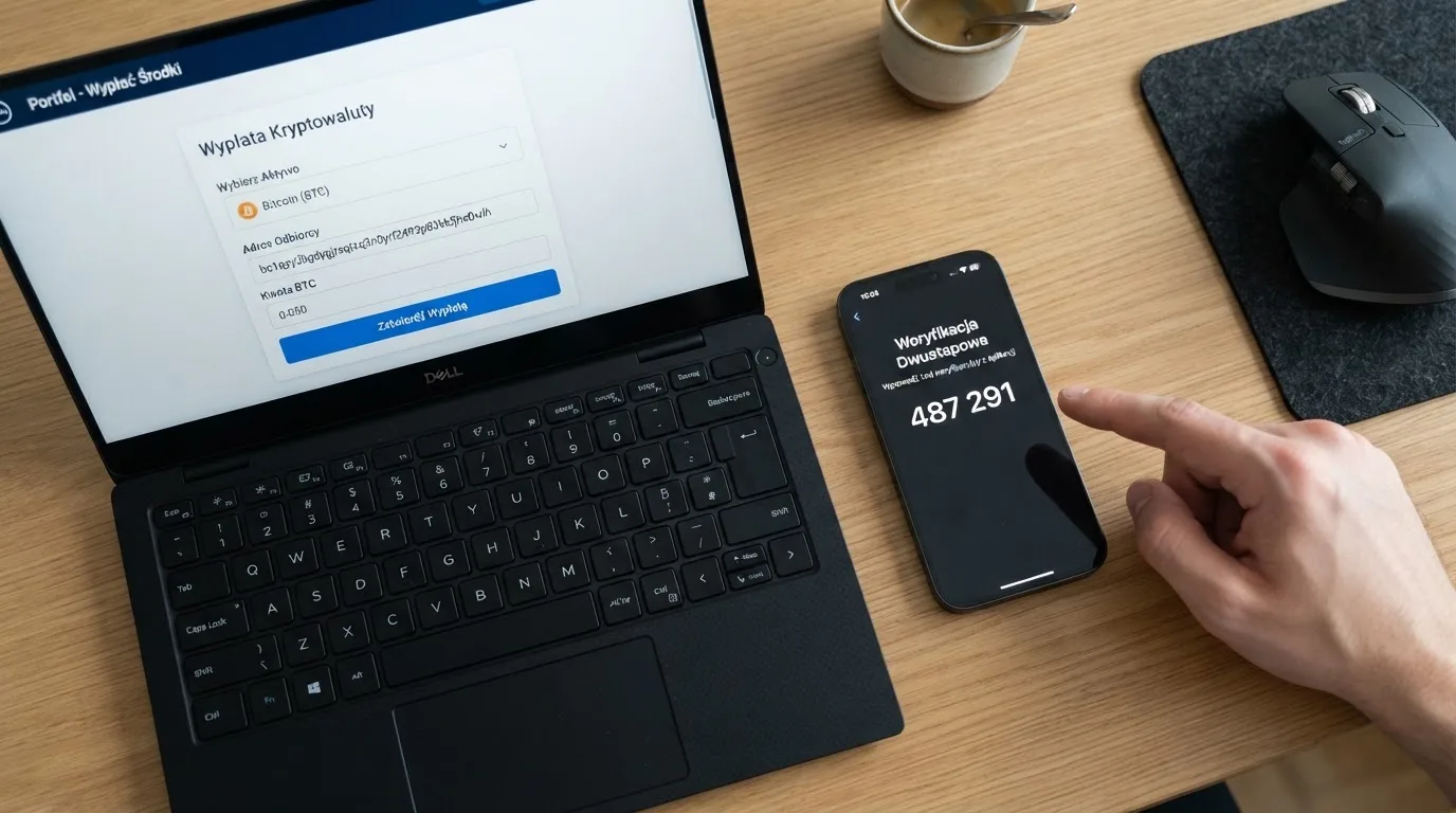 Ekran komputera z aplikacją giełdy i oknem przelewu na adres portfela, obok telefon z kodem uwierzytelniania