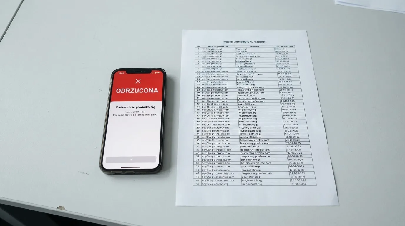 Telefon z komunikatem o odrzuconej płatności na ekranie, obok wydruk tabeli z listą zablokowanych adresów stron