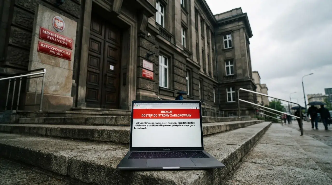 Budynek urzędu z tablicą ministerstwa, na pierwszym planie laptop z komunikatem o zablokowanej stronie kasyna