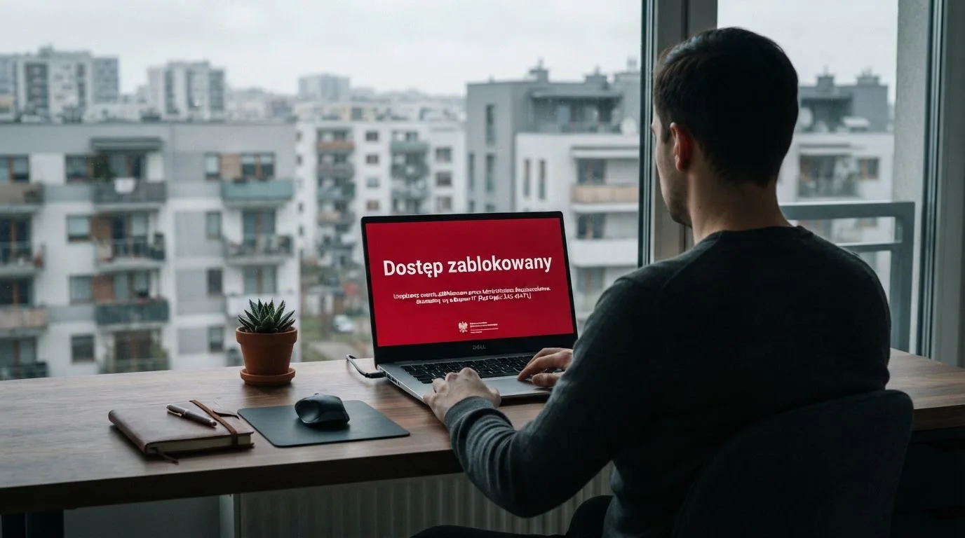 Laptop z komunikatem o zablokowanej stronie hazardowej, w tle budynek urzędu z tablicą ministerstwa