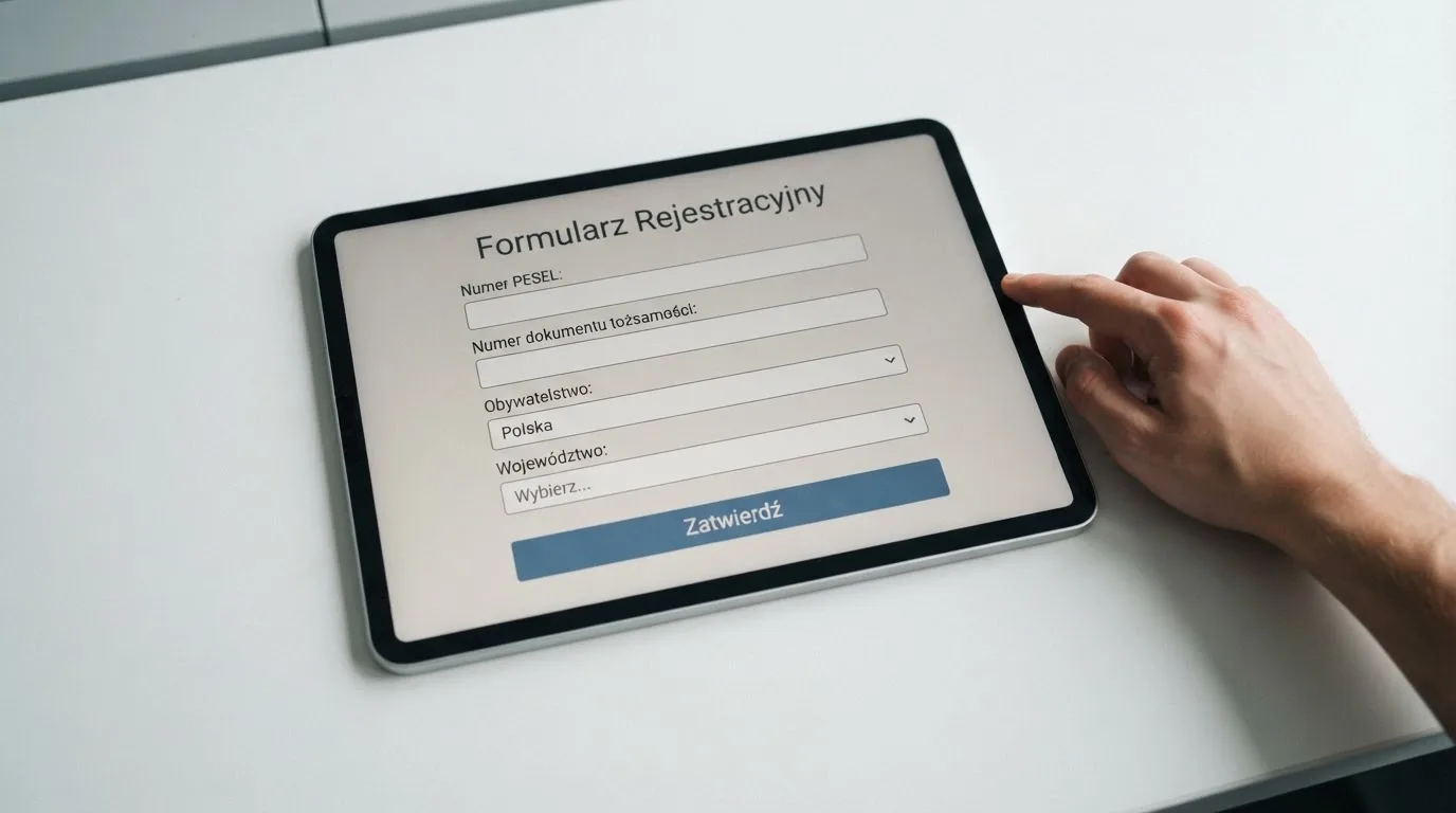 Formularz rejestracji konta gracza z polami na PESEL i numer dokumentu tożsamości na ekranie tabletu
