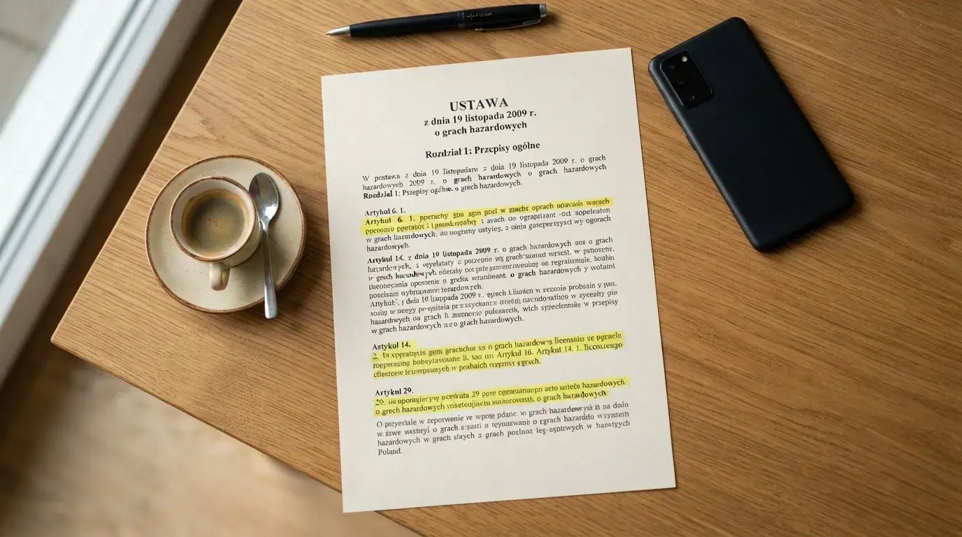 Wydruk ustawy o grach hazardowych z zakreślonymi artykułami leżący na biurku obok wyłączonego smartfona