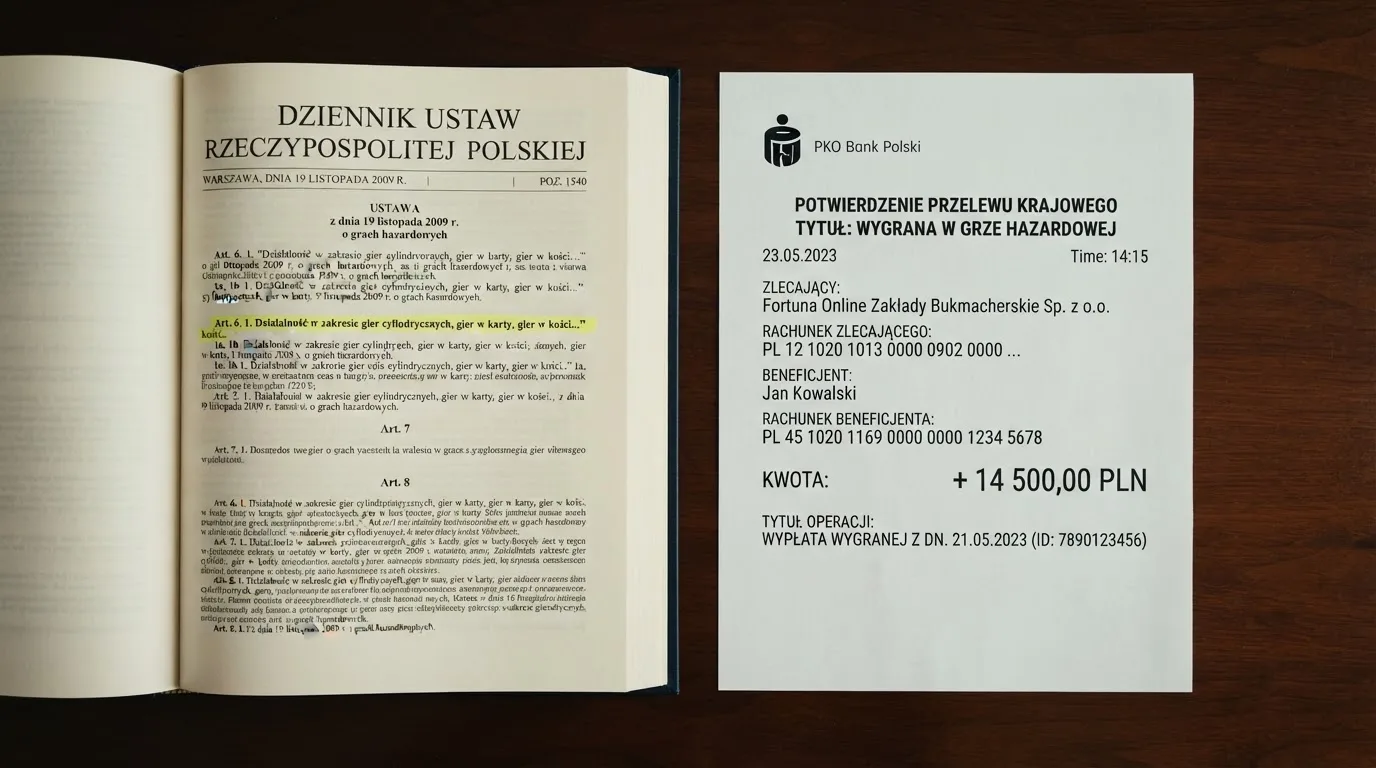 Otwarty tekst ustawy o grach hazardowych z zakreślonym artykułem, obok wydruku potwierdzenia przelewu wygranej