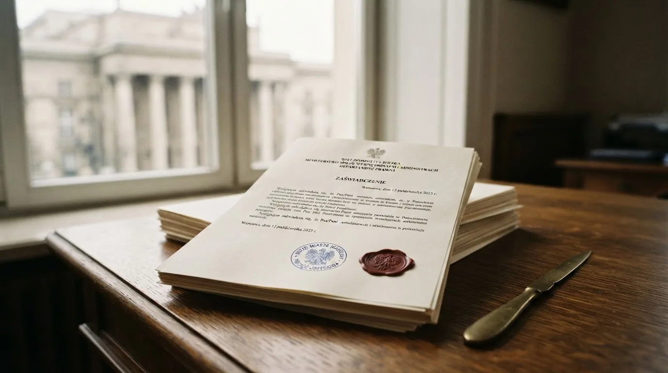 Stos dokumentów urzędowych i pieczęć na biurku, w tle sylwetka budynku administracji publicznej