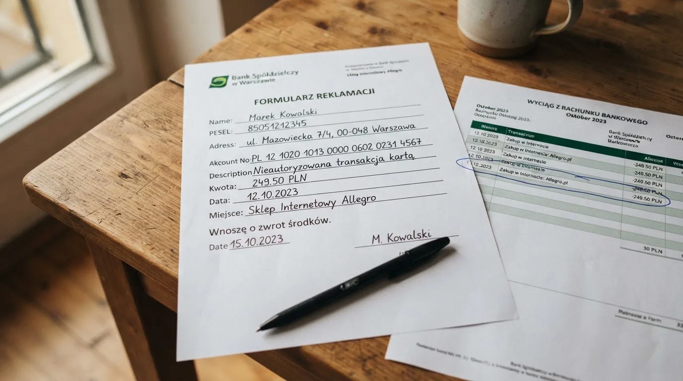 Wydrukowany formularz reklamacji leżący na biurku obok długopisu i wyciągu bankowego z zakreśloną pozycją