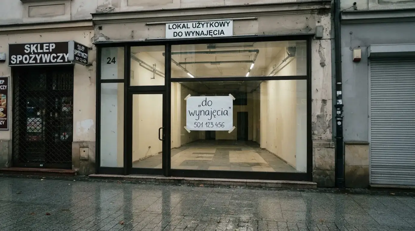 Pusty, zamknięty lokal handlowy z tabliczką „do wynajęcia”, symbolizujący brak działających salonów gry bingo pieniężne