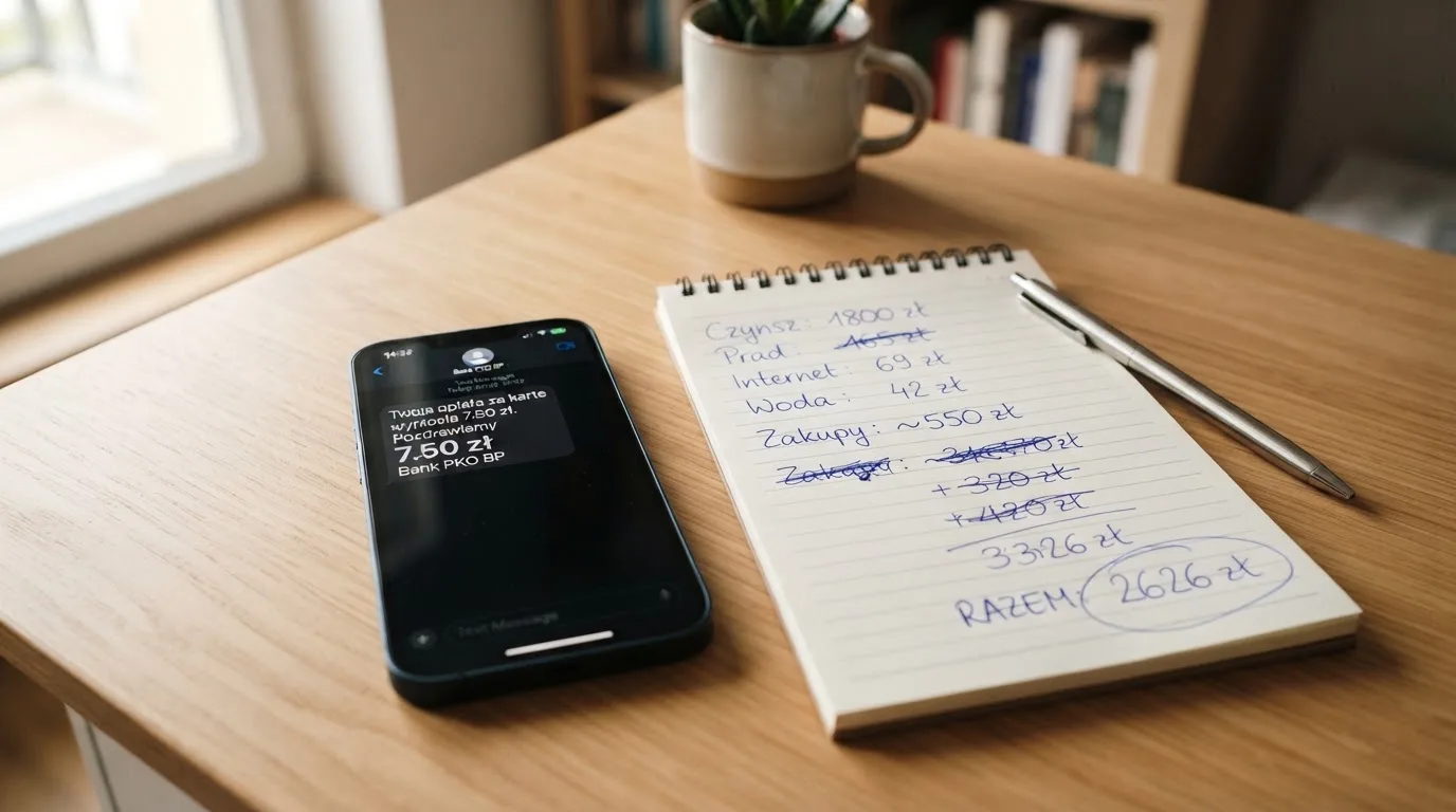 Ekran telefonu z wiadomością SMS obok kalkulatora liczącego opłaty