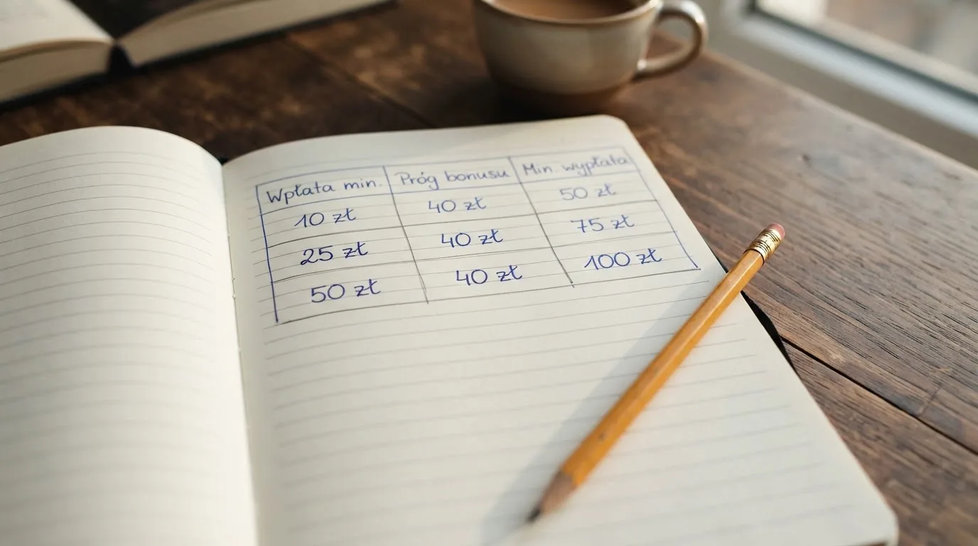 Notes z odręczną tabelą trzech kwot: wpłata minimalna, próg bonusu, minimalna wypłata
